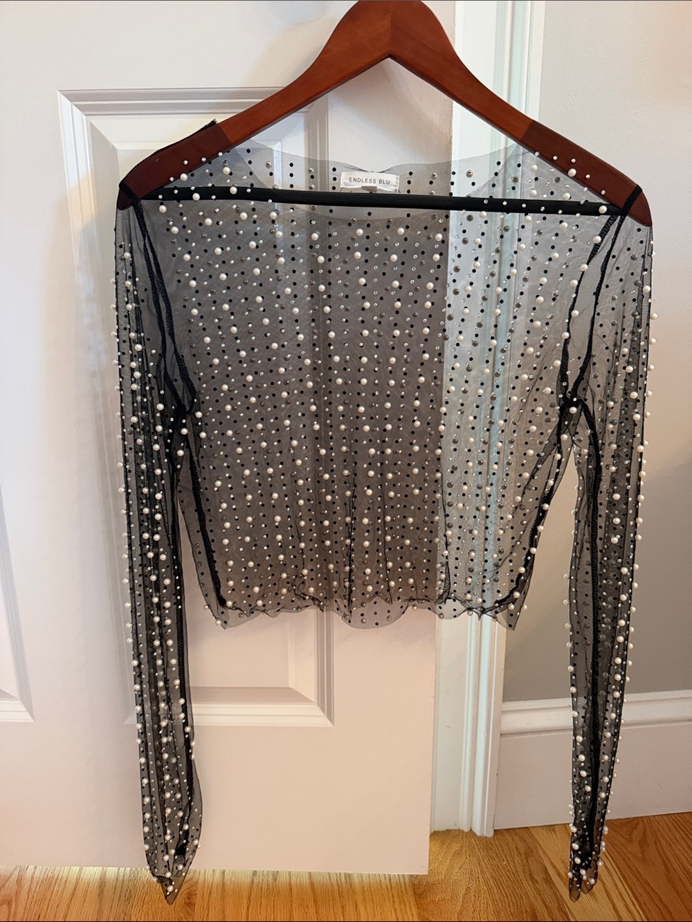 Endless Blu Pearl & Rhinestone Sheer Mesh Top — Size M